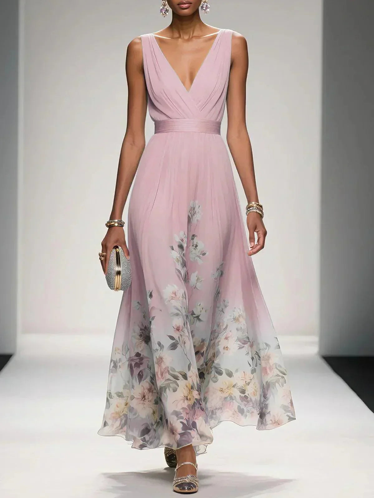 Maxi Dress with Floral Print and V-Neck and A-Line Cut for Women