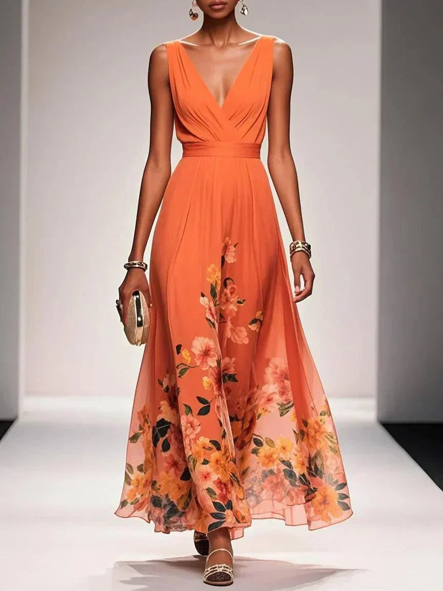 Maxi Dress with Floral Print and V-Neck and A-Line Cut for Women