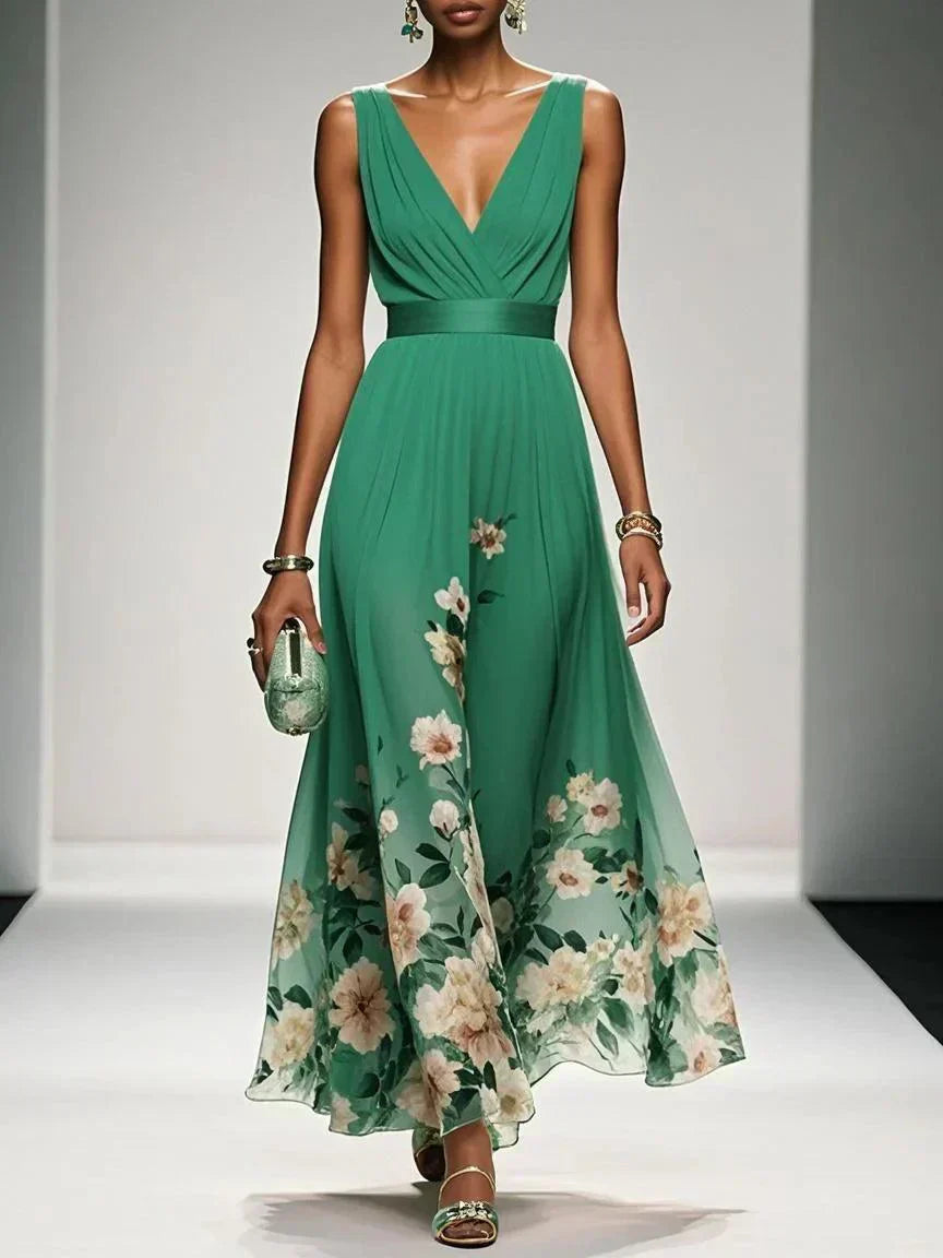 Maxi Dress with Floral Print and V-Neck and A-Line Cut for Women