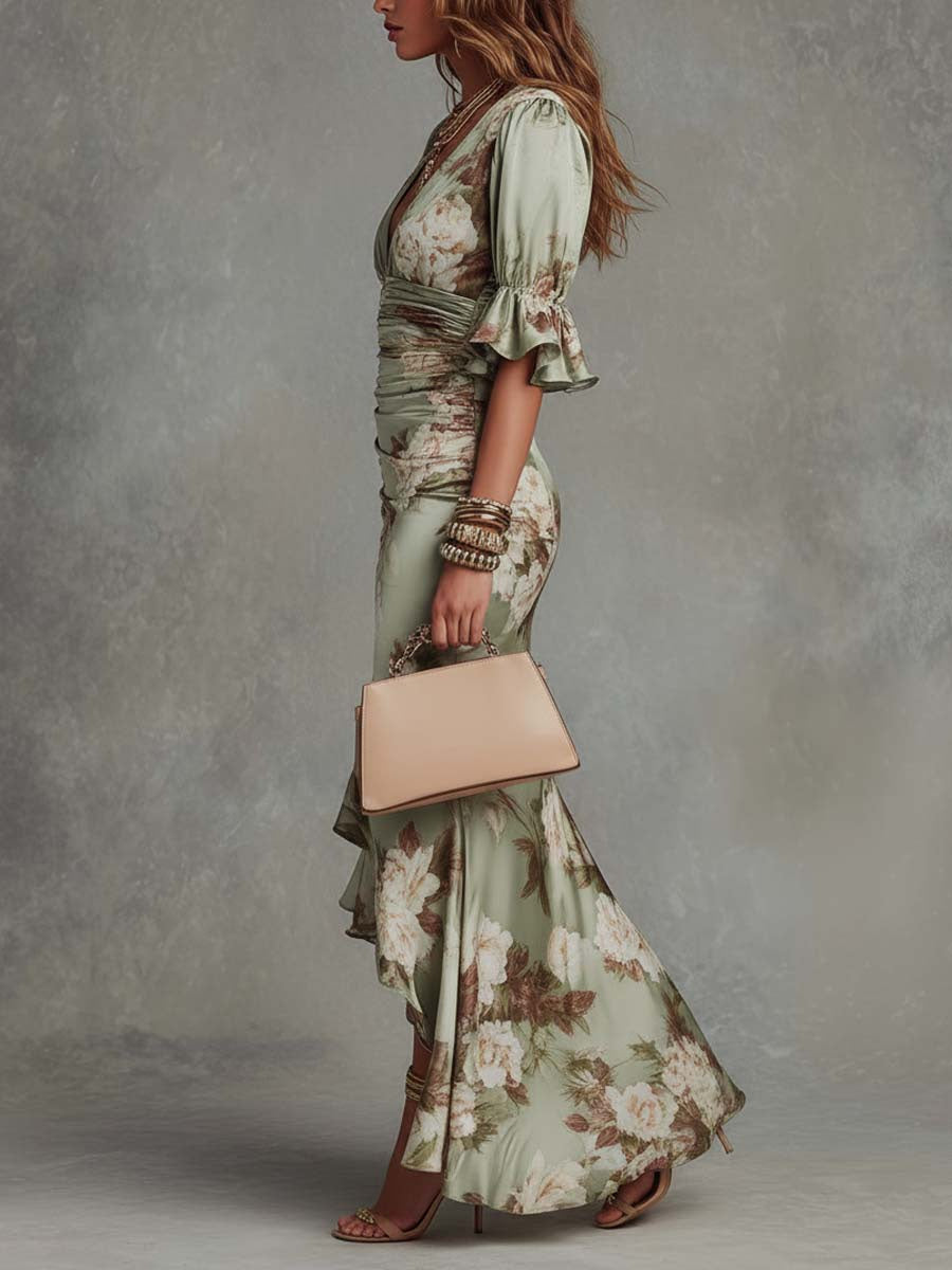 Maxi Dress with Floral Print, Ruched Waist and Fishtail Hem