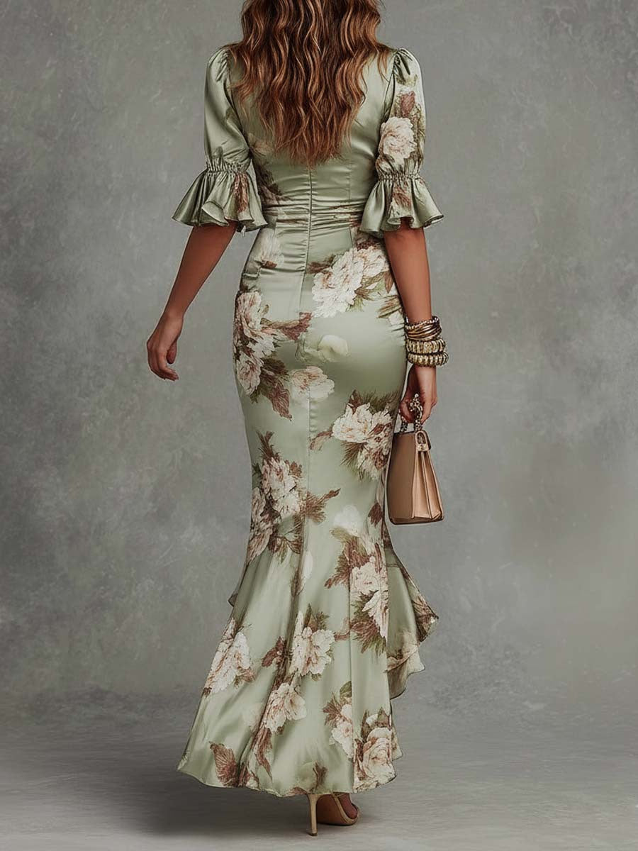 Maxi Dress with Floral Print, Ruched Waist and Fishtail Hem