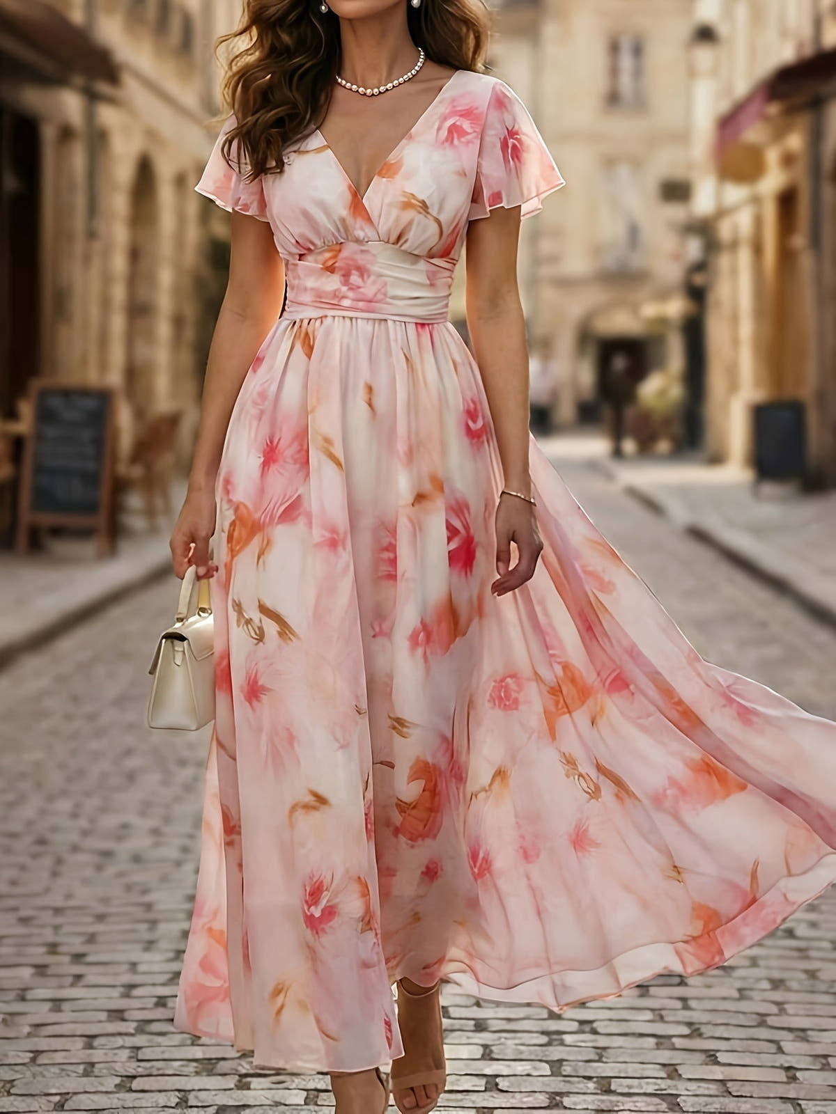 Maxi Dress with Floral Print, V-Neck and Flutter Sleeves