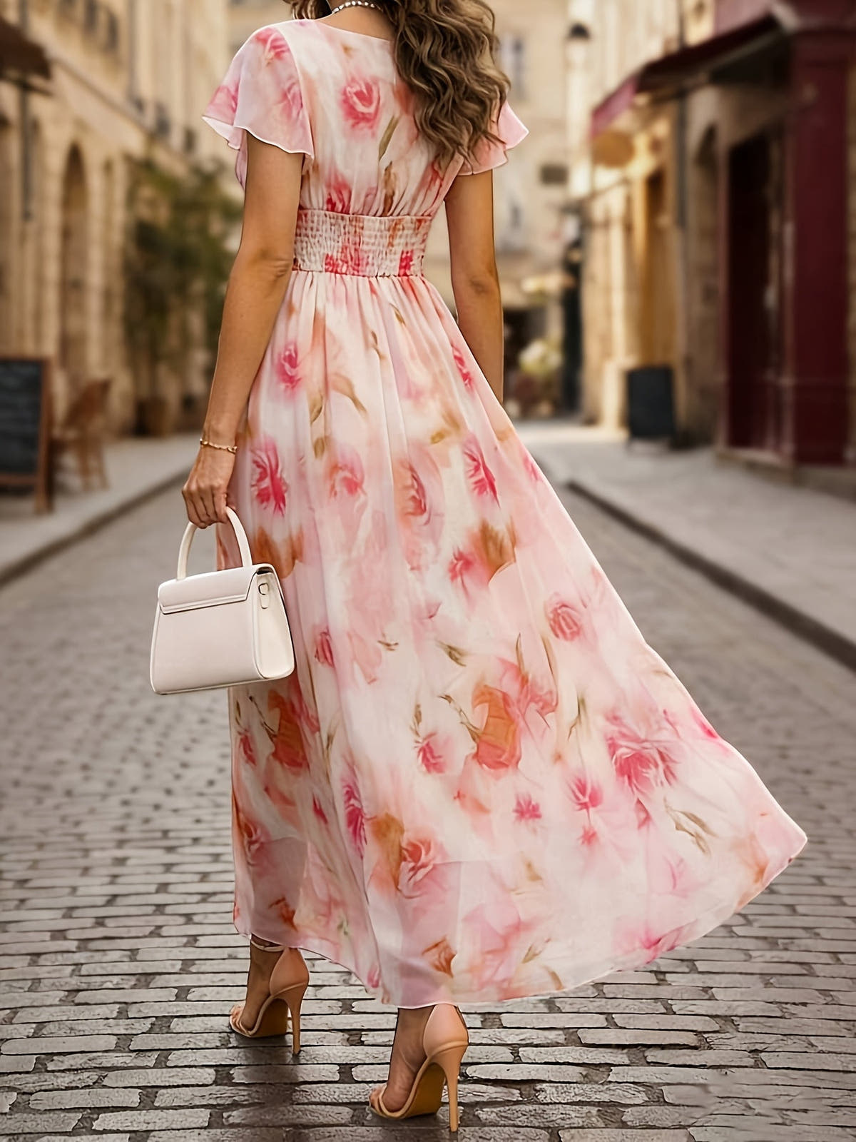 Maxi Dress with Floral Print, V-Neck and Flutter Sleeves