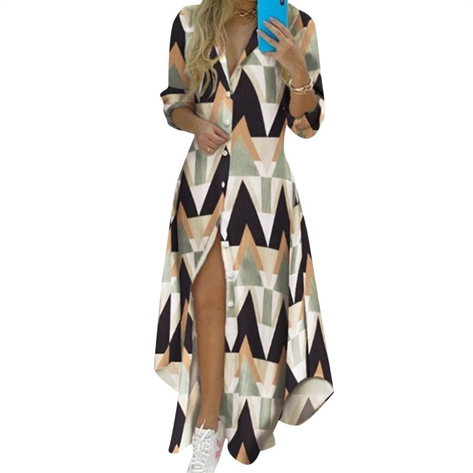 Maxi Dress with Geometric Print and V-Neck for Women
