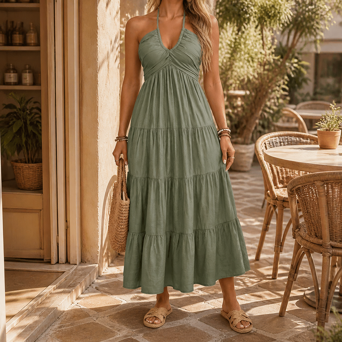 Maxi Dress with Halter Neck and Tiered Design for Women