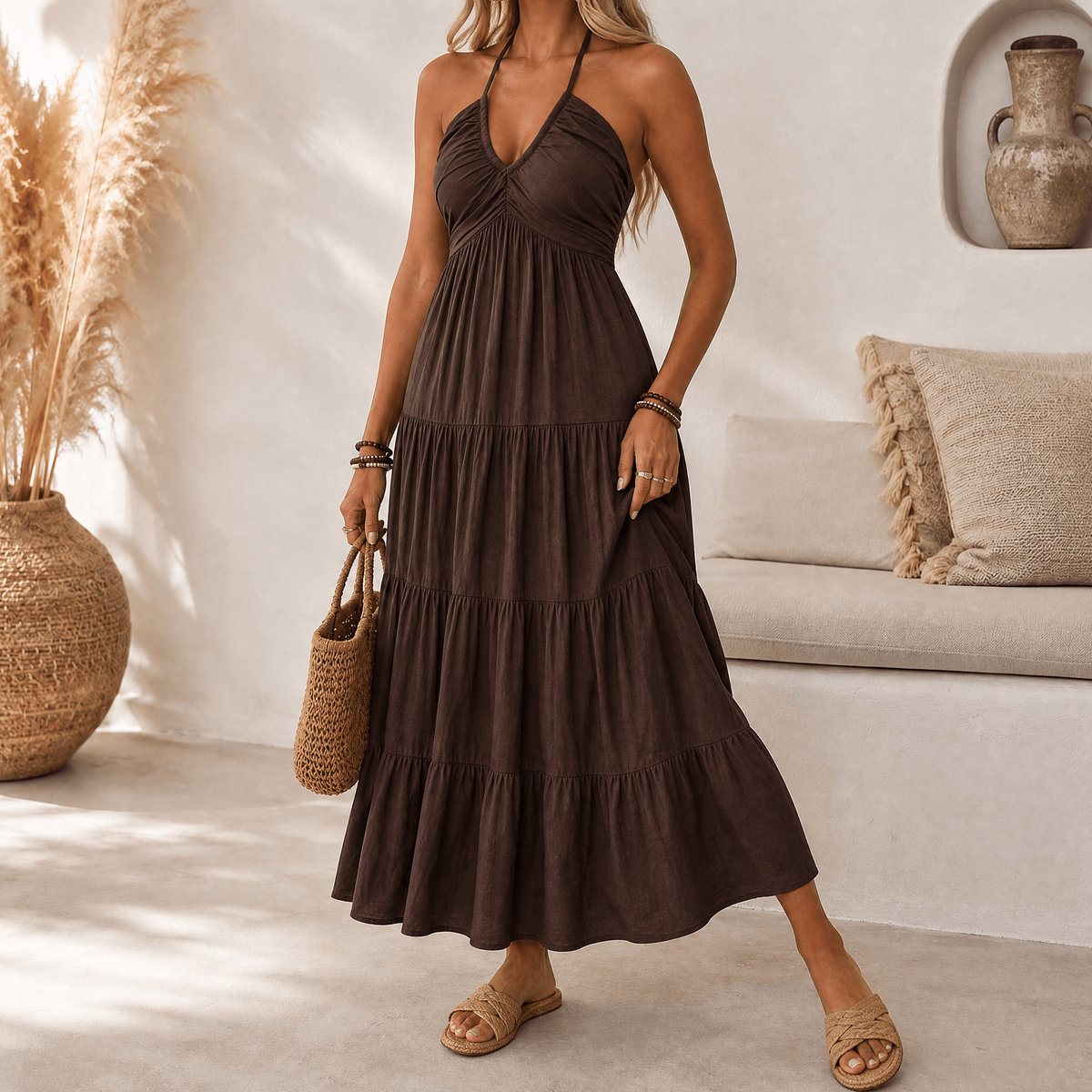 Maxi Dress with Halter Neck and Tiered Design for Women