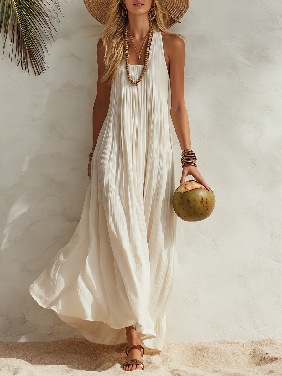 Maxi Dress with Pleats and a Sleeveless Cut