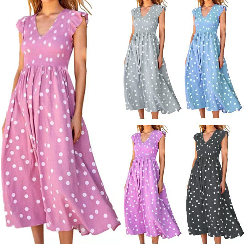 Maxi Dress with Polka Dots and V-Neck for Women