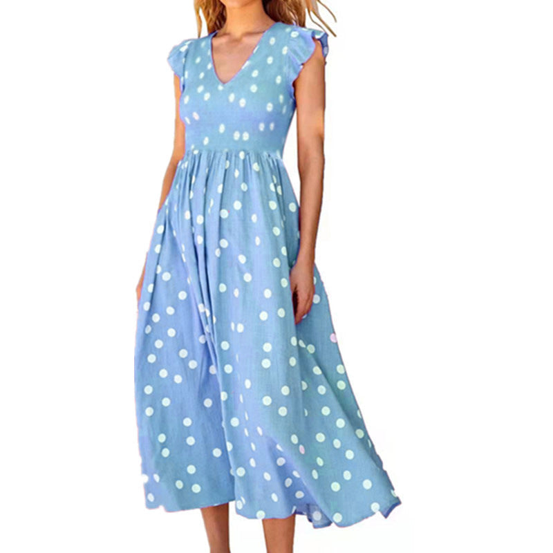 Maxi Dress with Polka Dots and V-Neck for Women