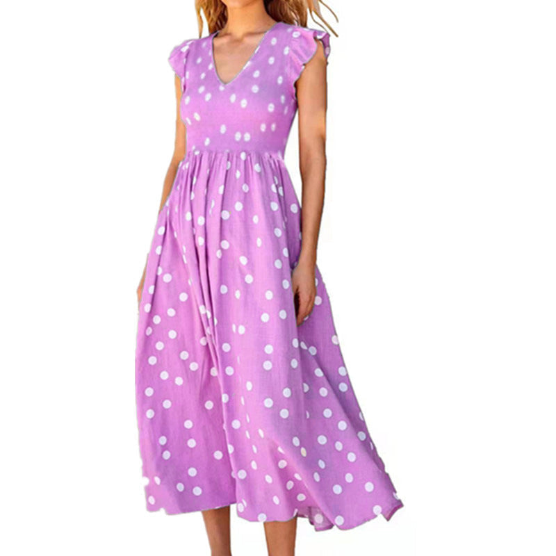 Maxi Dress with Polka Dots and V-Neck for Women
