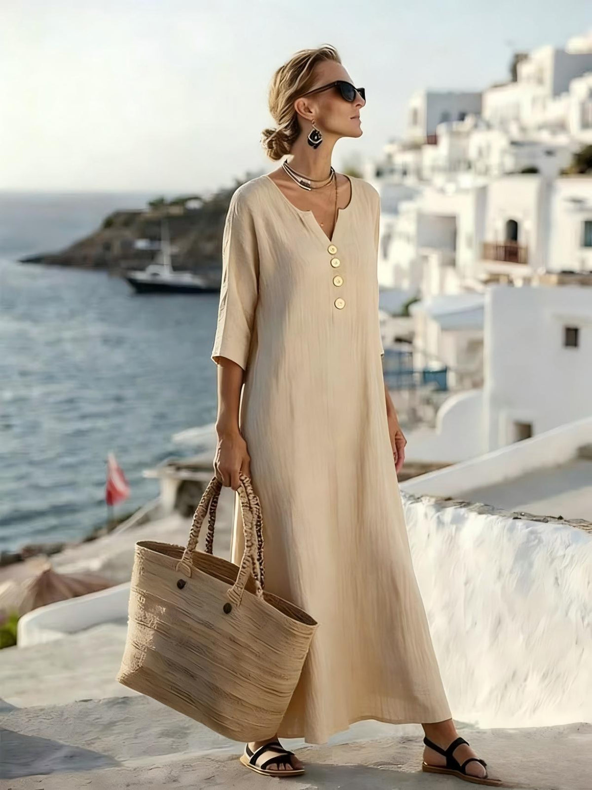 Maxi Dress with Relaxed Fit and 3/4 Sleeves for Women