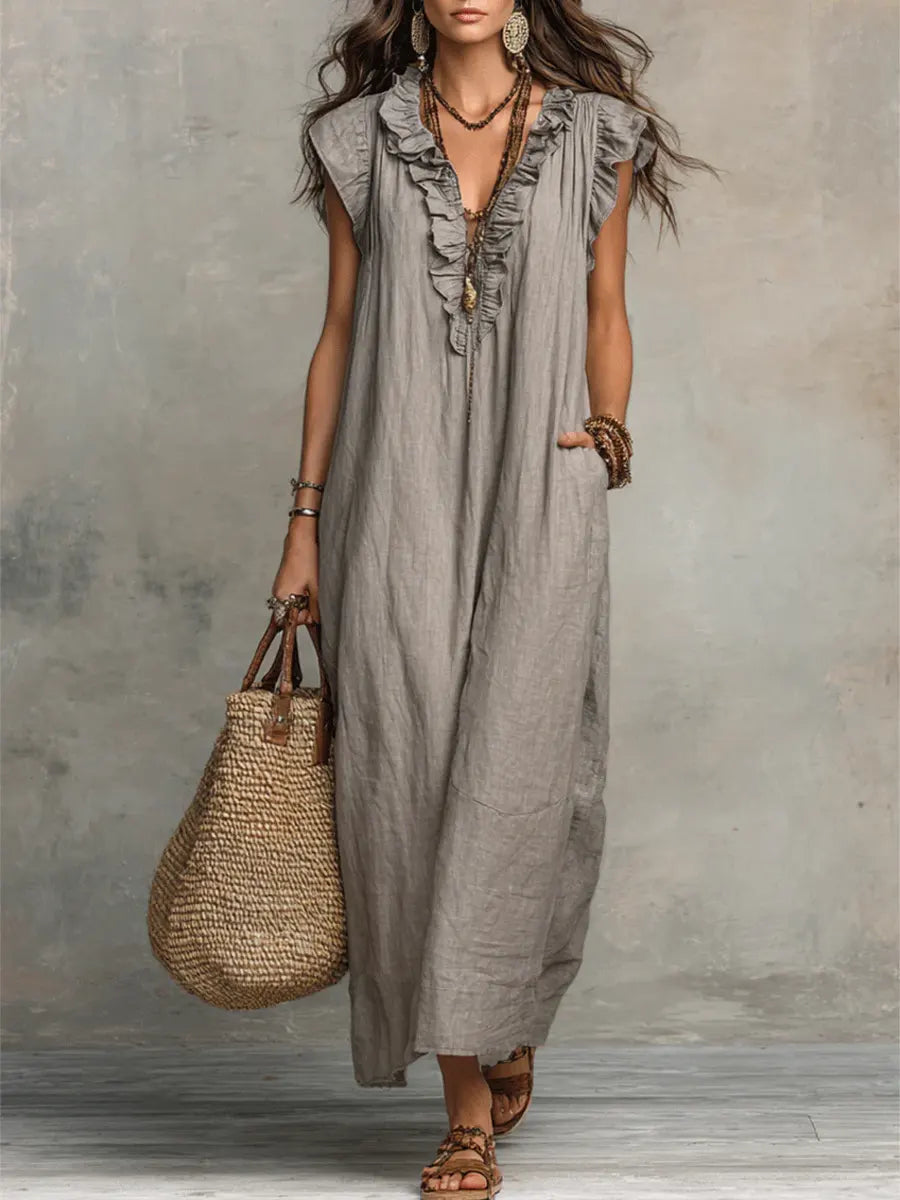Maxi Dress with Ruffles and Side Pockets for Women