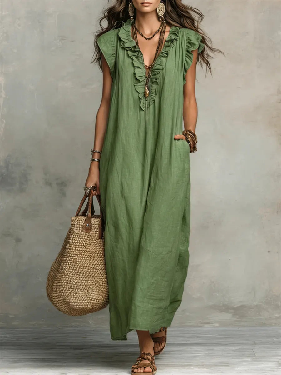 Maxi Dress with Ruffles and Side Pockets for Women