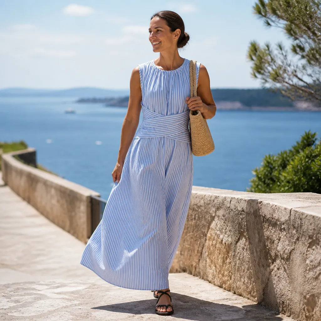 Maxi Dress with Stripes and Sleeveless Wrap Waist Design