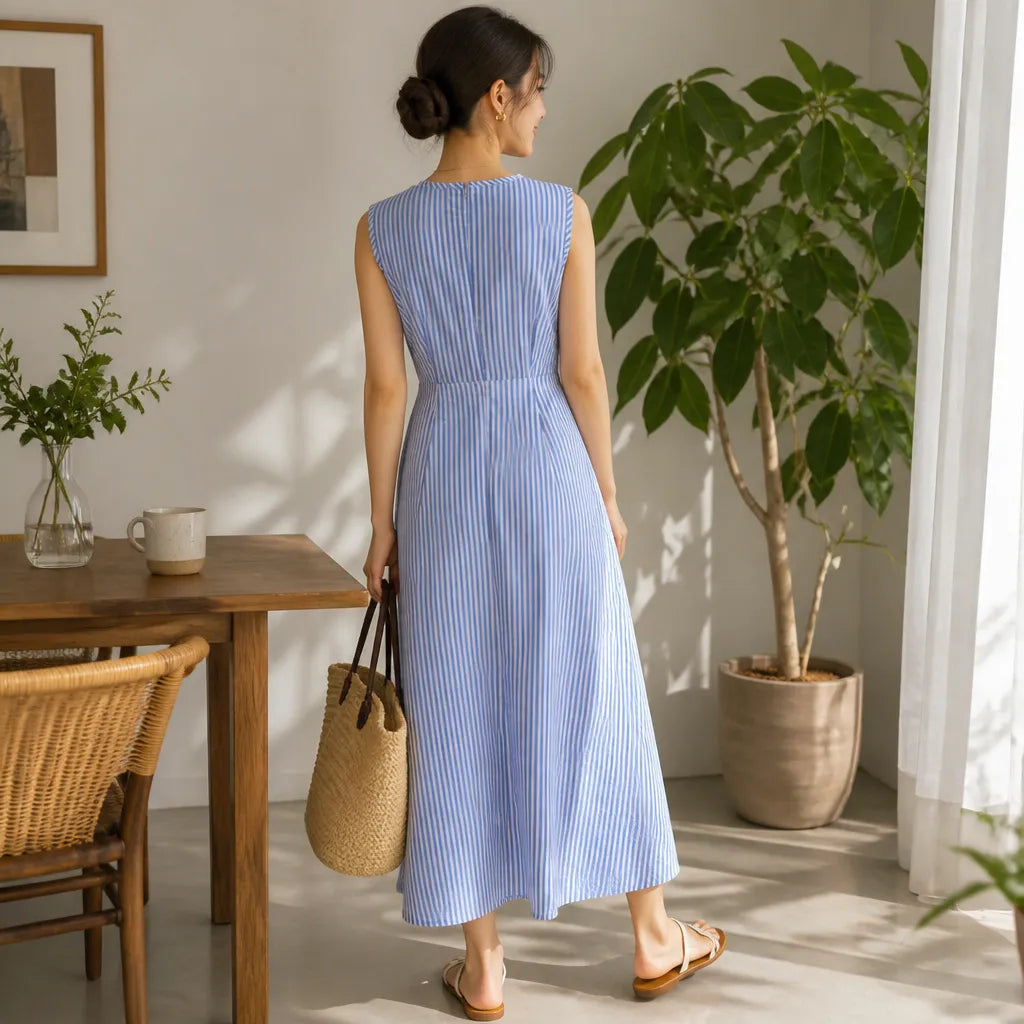 Maxi Dress with Stripes and Sleeveless Wrap Waist Design