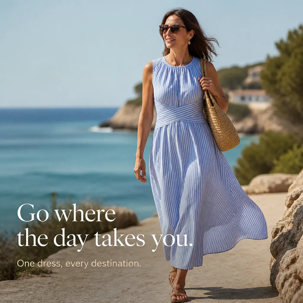 Maxi Dress with Stripes and Sleeveless Wrap Waist Design