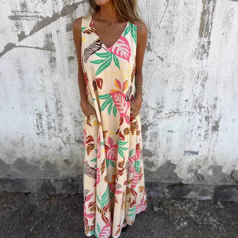 Maxi Dress with Tropical Print and V-Neck for Women