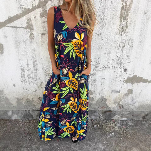 Maxi Dress with Tropical Print and V-Neck for Women