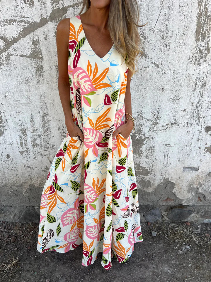 Maxi Dress with Tropical Print and V-Neck for Women