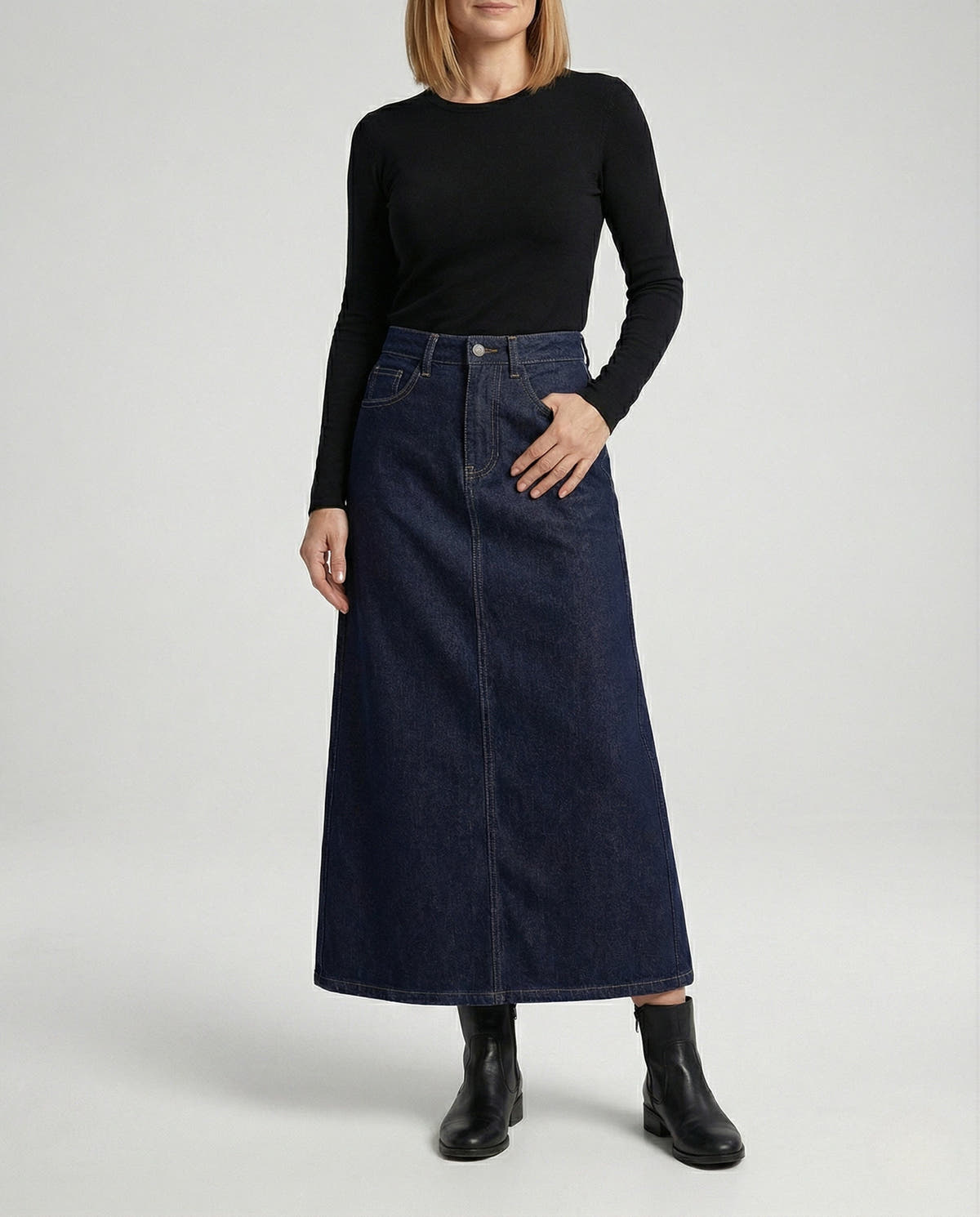 Maxi Skirt in Denim with Side Slit and Button Waist for Women