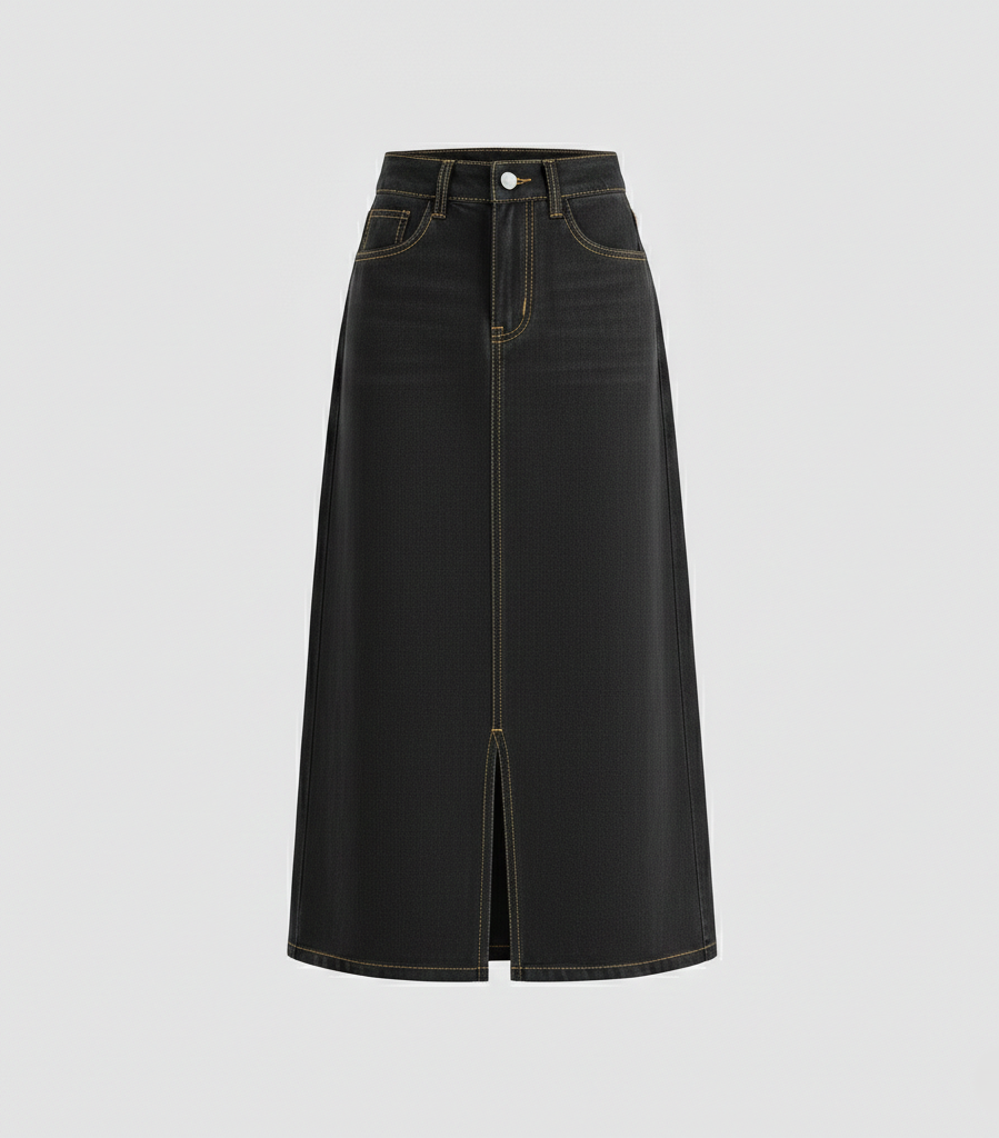 Maxi Skirt in Denim with Side Slit and Button Waist for Women