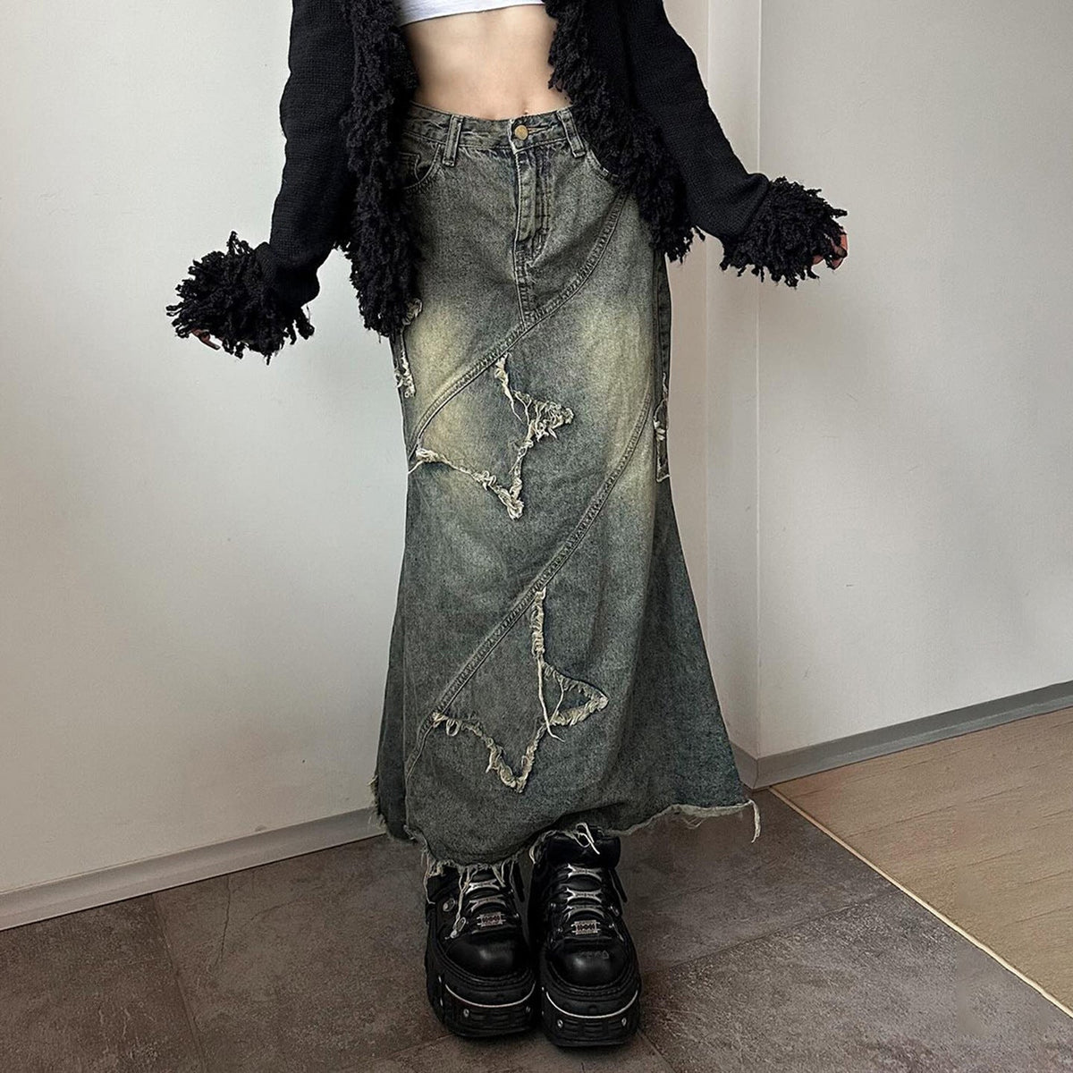 Maxi Skirt with Frayed Patches and Diagonal Seams for Women