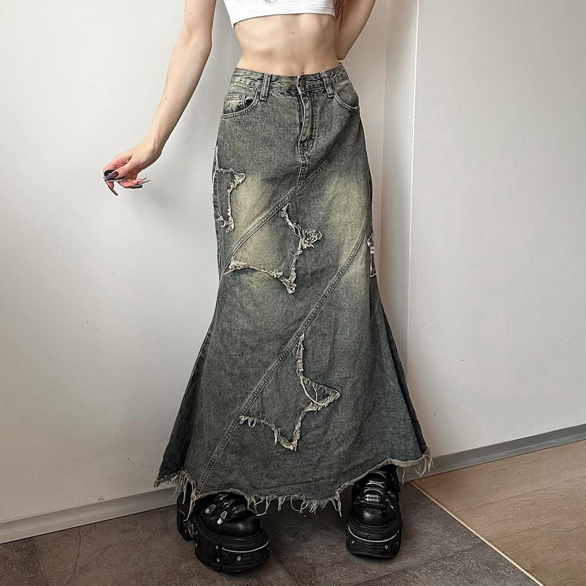 Maxi Skirt with Frayed Patches and Diagonal Seams for Women