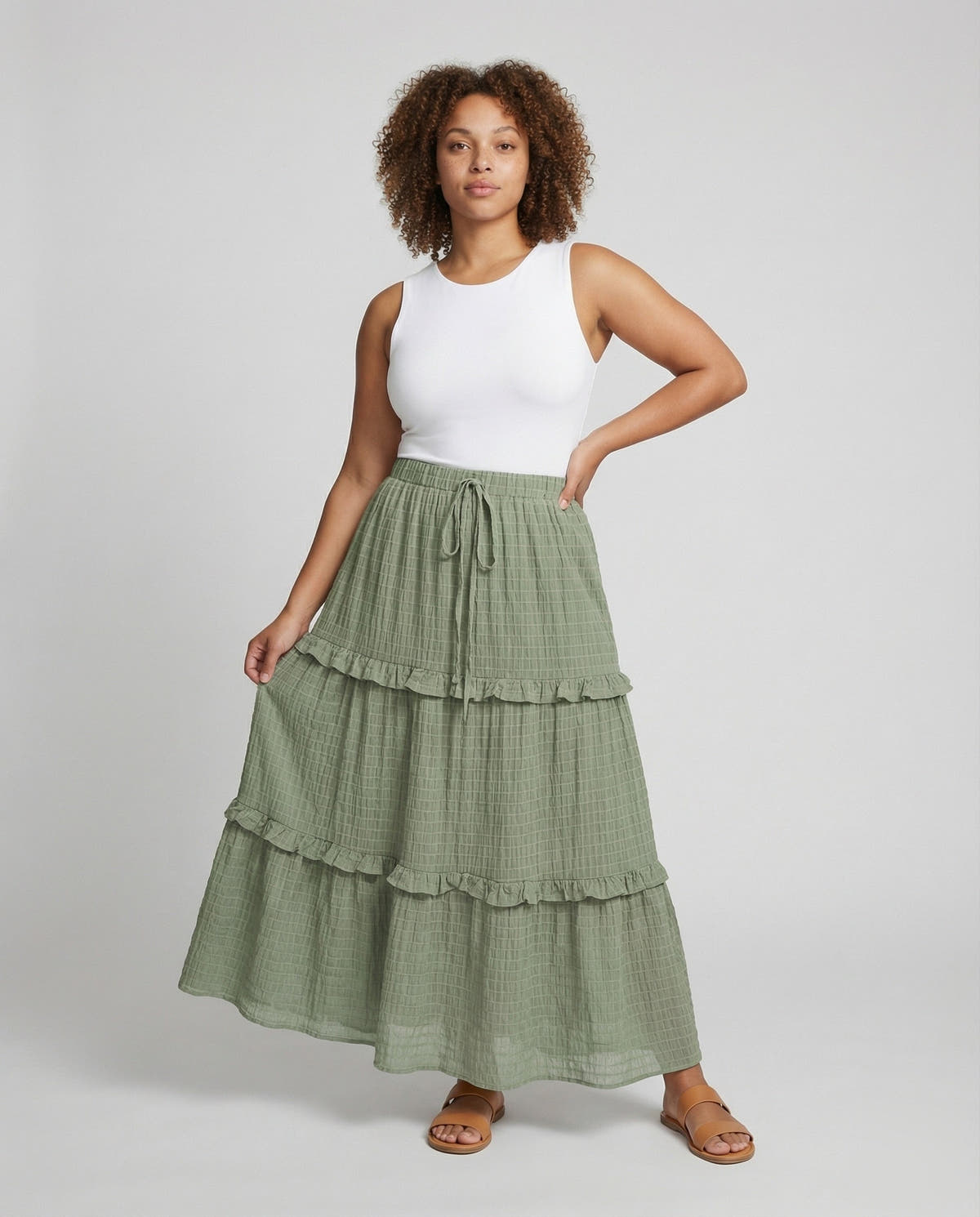 Maxi Skirt with Ruffled Tiers and Drawstring for Women