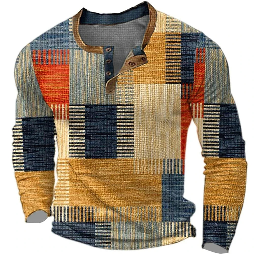 Men's Henley Shirts, Breathable Long Sleeve with Patchwork Design