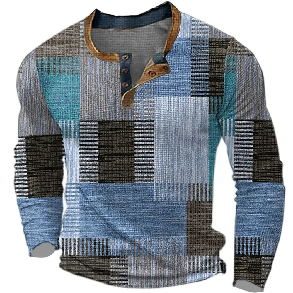 Men's Henley Shirts, Breathable Long Sleeve with Patchwork Design