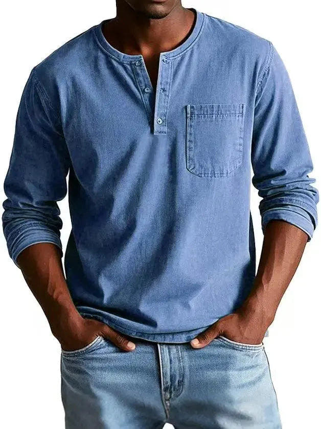 Men's Henley Shirts Cotton Blend, Long Sleeve, Relaxed Fit, Vintage Wash