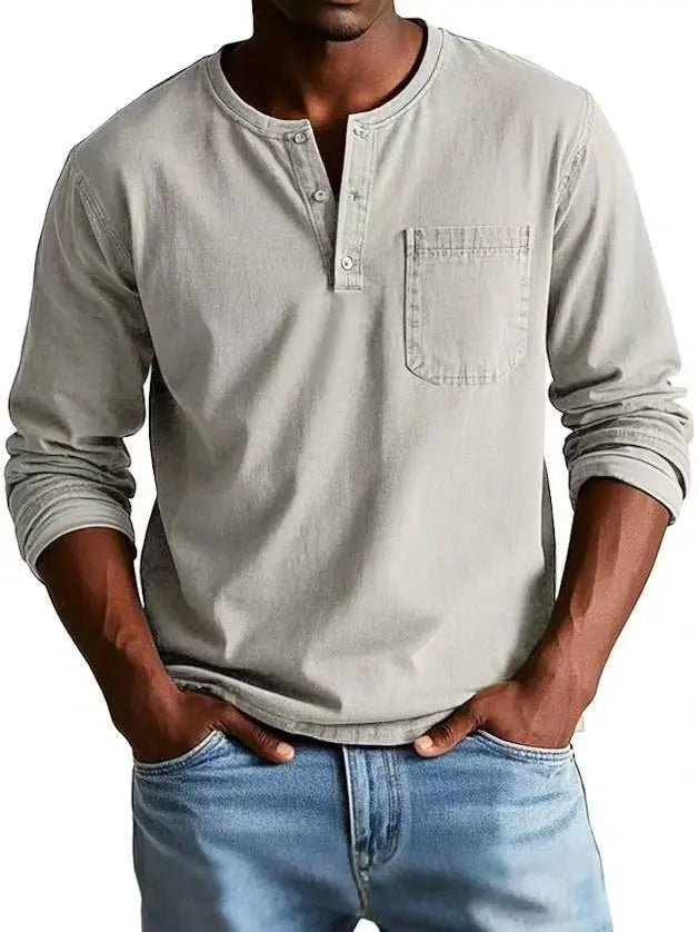 Men's Henley Shirts Cotton Blend, Long Sleeve, Relaxed Fit, Vintage Wash