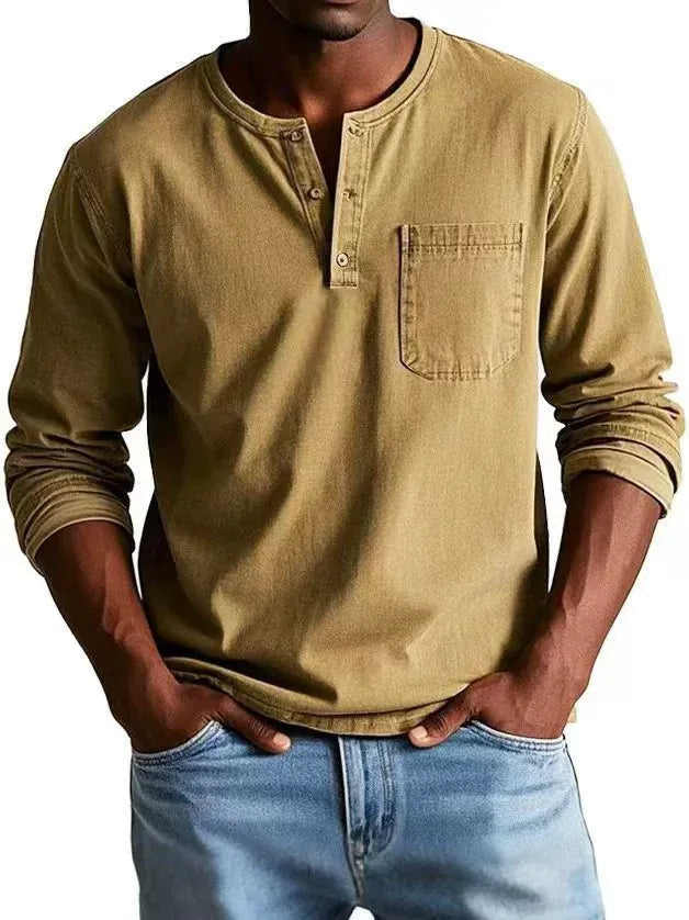 Men's Henley Shirts Cotton Blend, Long Sleeve, Relaxed Fit, Vintage Wash