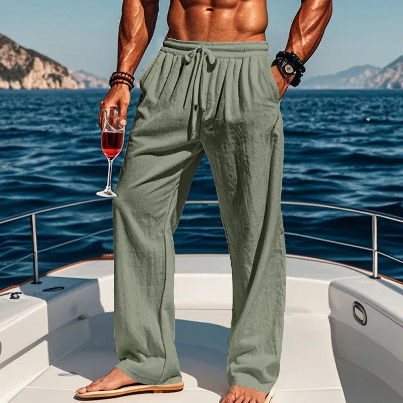 Men's Linen Pants, Loose Fit Summer Trousers with Drawstring