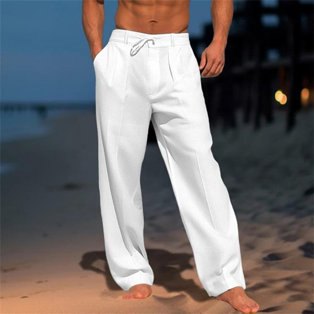 Men's Linen Pants, Wide Leg Relaxed Fit with Drawstring Waist