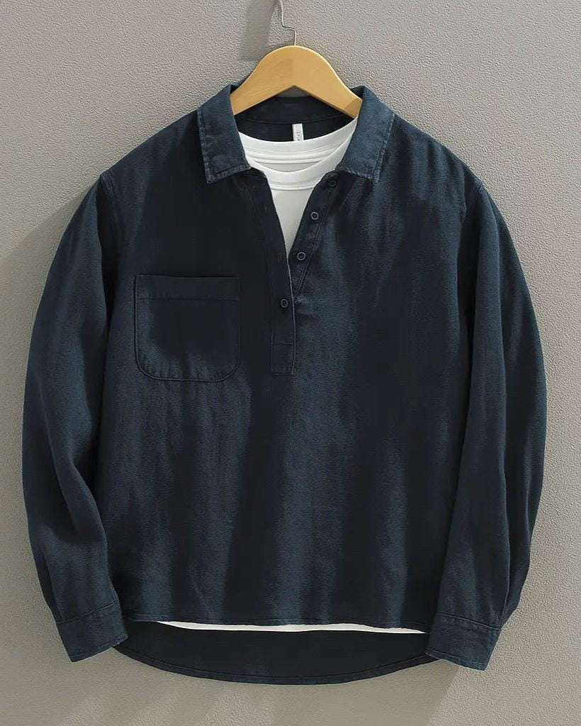 Men's Linen Shirts in Cotton Blend, Relaxed Long-Sleeve Popover