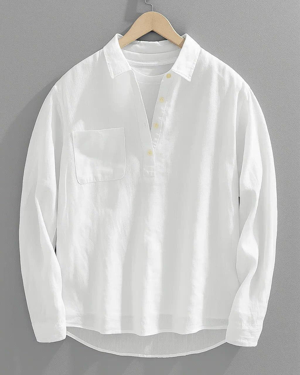 Men's Linen Shirts in Cotton Blend, Relaxed Long-Sleeve Popover