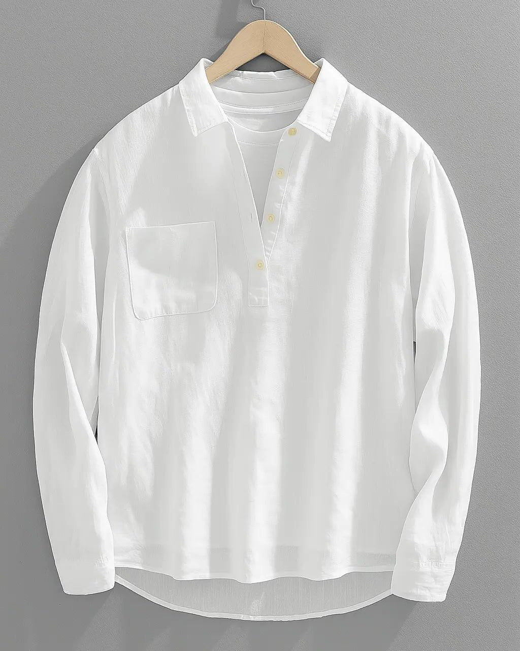 Men's Linen Shirts in Cotton Blend, Relaxed Long-Sleeve Popover