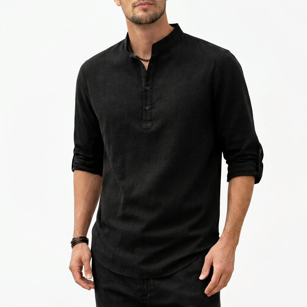 Men's Linen Shirts Relaxed Fit with Grandad Collar and Half Placket