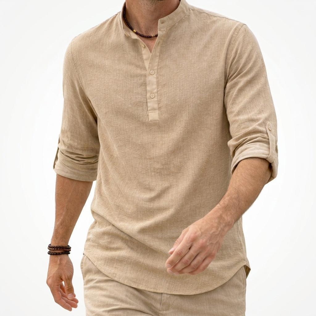 Men's Linen Shirts Relaxed Fit with Grandad Collar and Half Placket