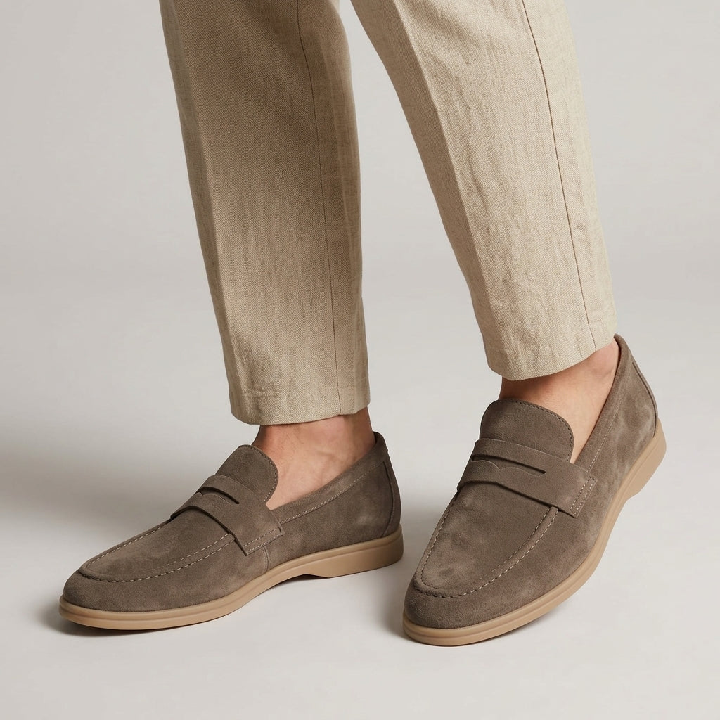 Men's Loafers Suede Slip-On with Penny Strap and Round Toe