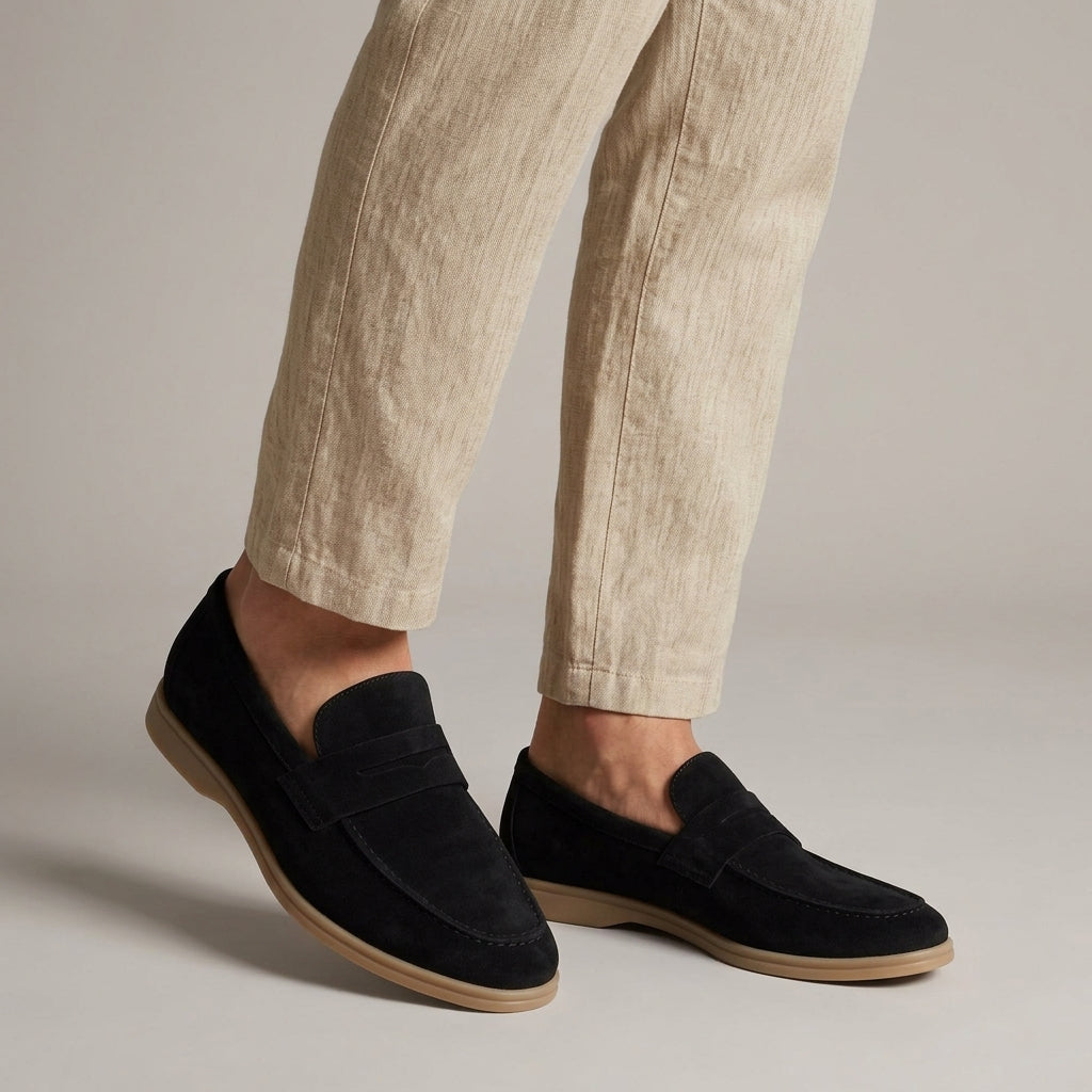 Men's Loafers Suede Slip-On with Penny Strap and Round Toe