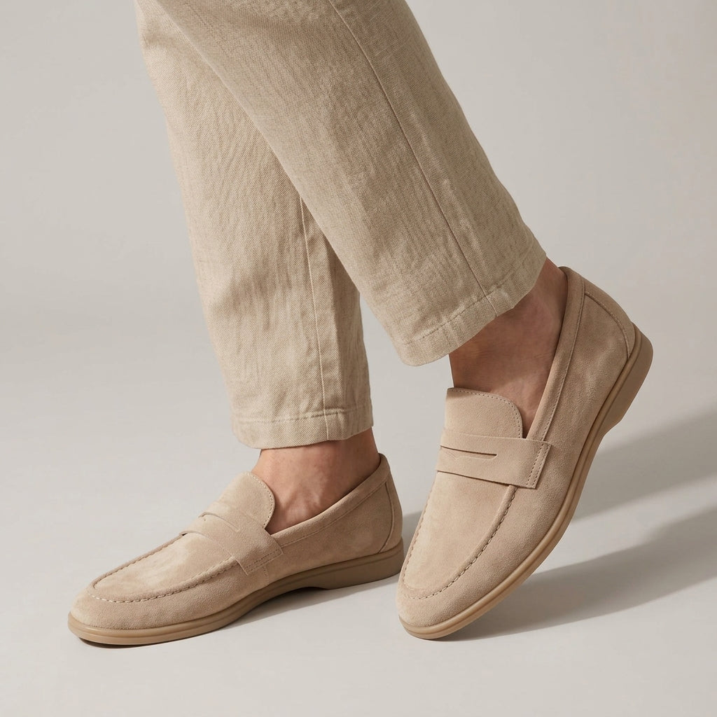 Men's Loafers Suede Slip-On with Penny Strap and Round Toe