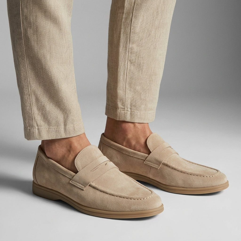 Men's Loafers Suede Slip-On with Penny Strap and Round Toe