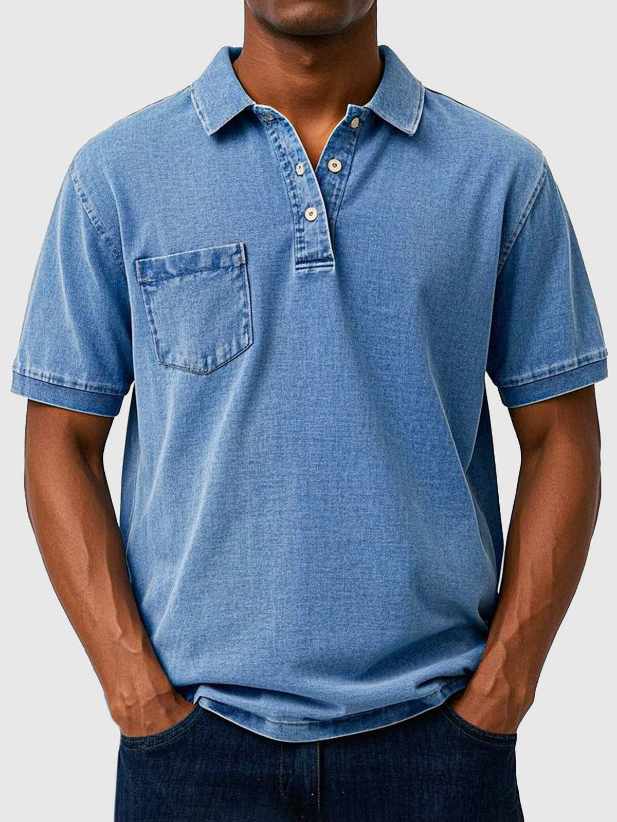 Men's Polo Shirts Cotton-Denim Blend, Short Sleeves with Chest Pocket