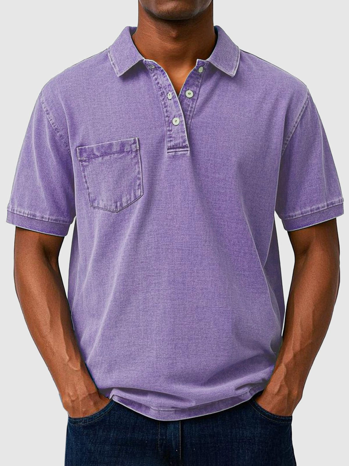 Men's Polo Shirts Cotton-Denim Blend, Short Sleeves with Chest Pocket
