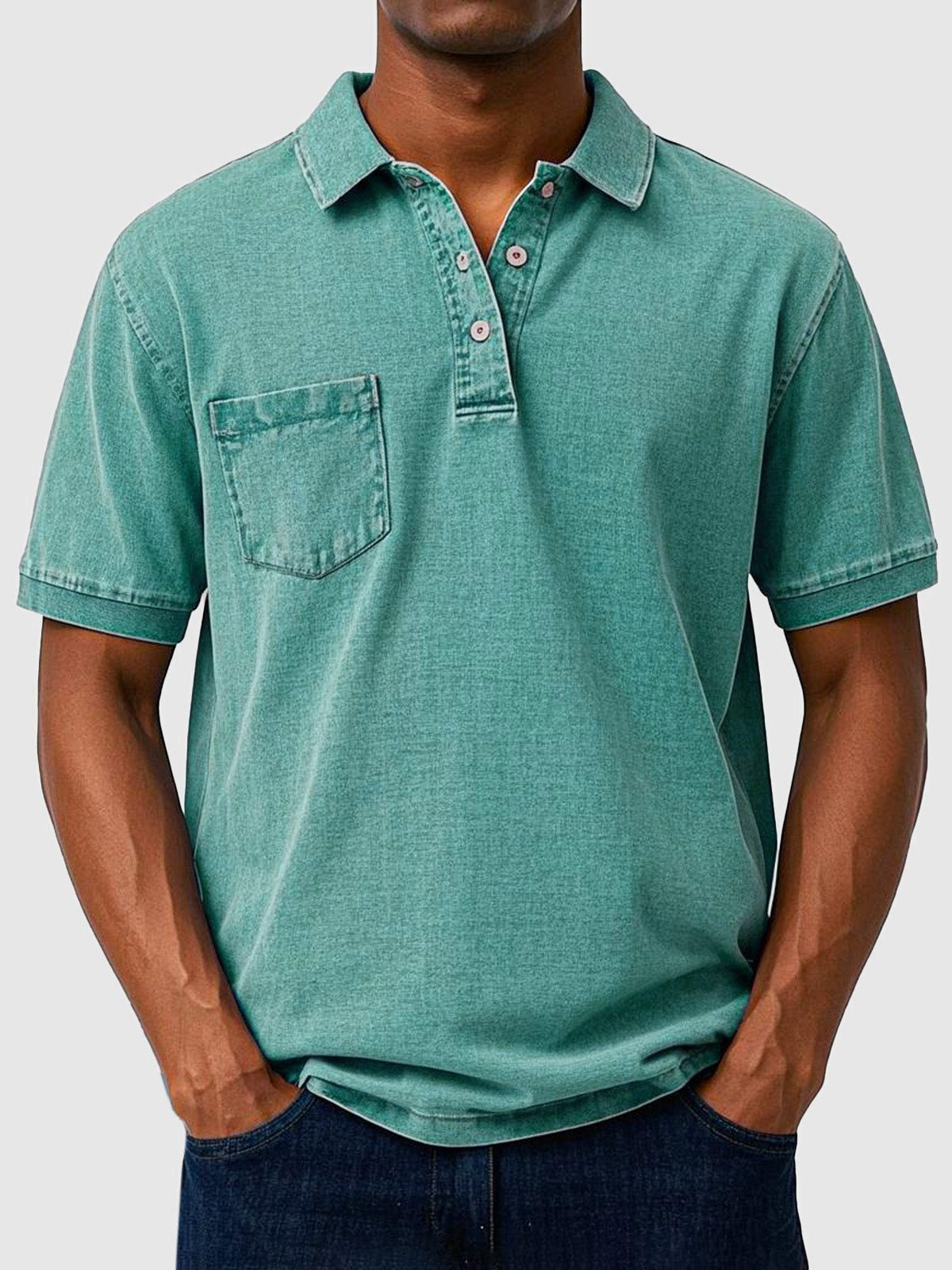 Men's Polo Shirts Cotton-Denim Blend, Short Sleeves with Chest Pocket