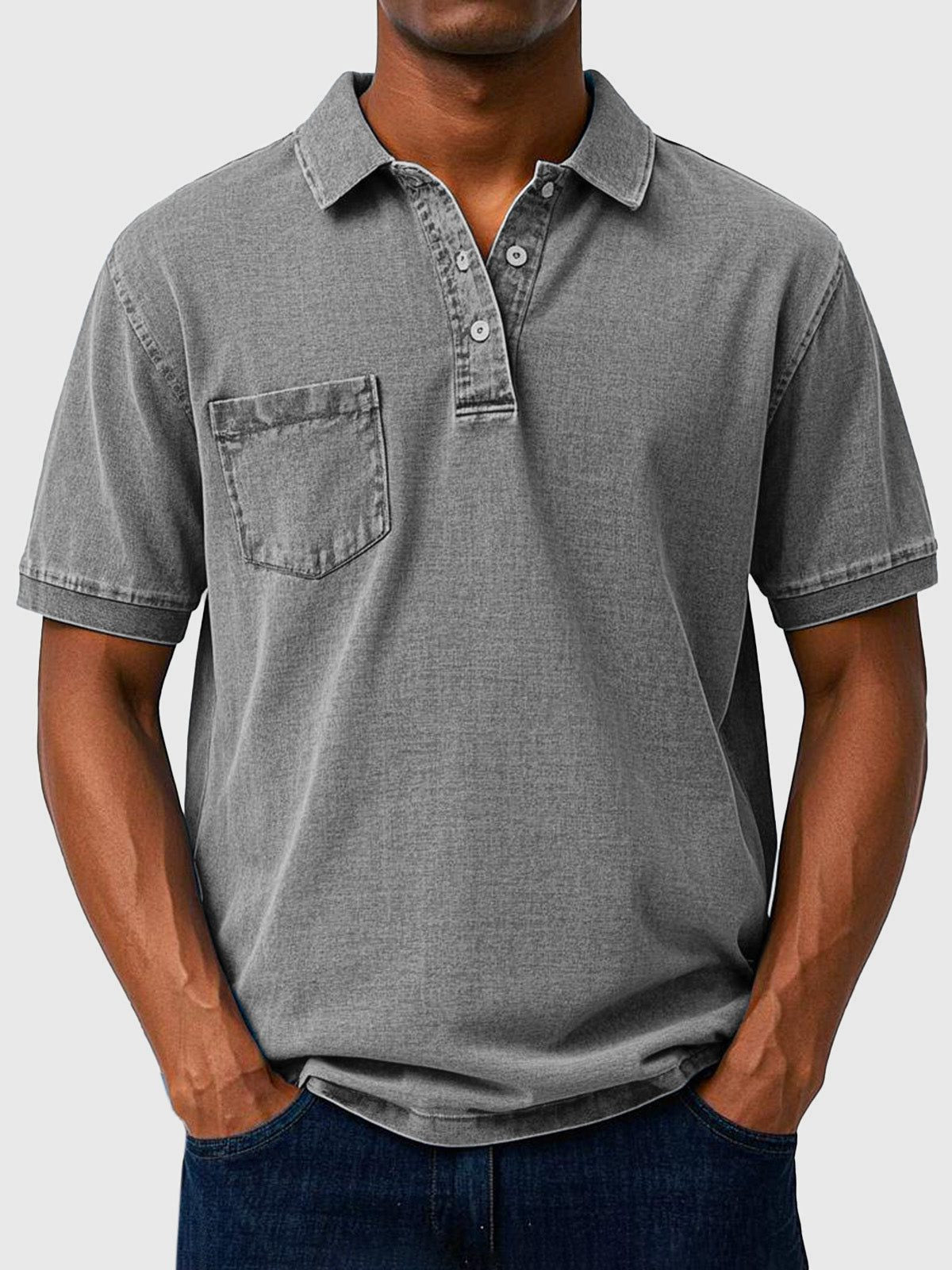 Men's Polo Shirts Cotton-Denim Blend, Short Sleeves with Chest Pocket