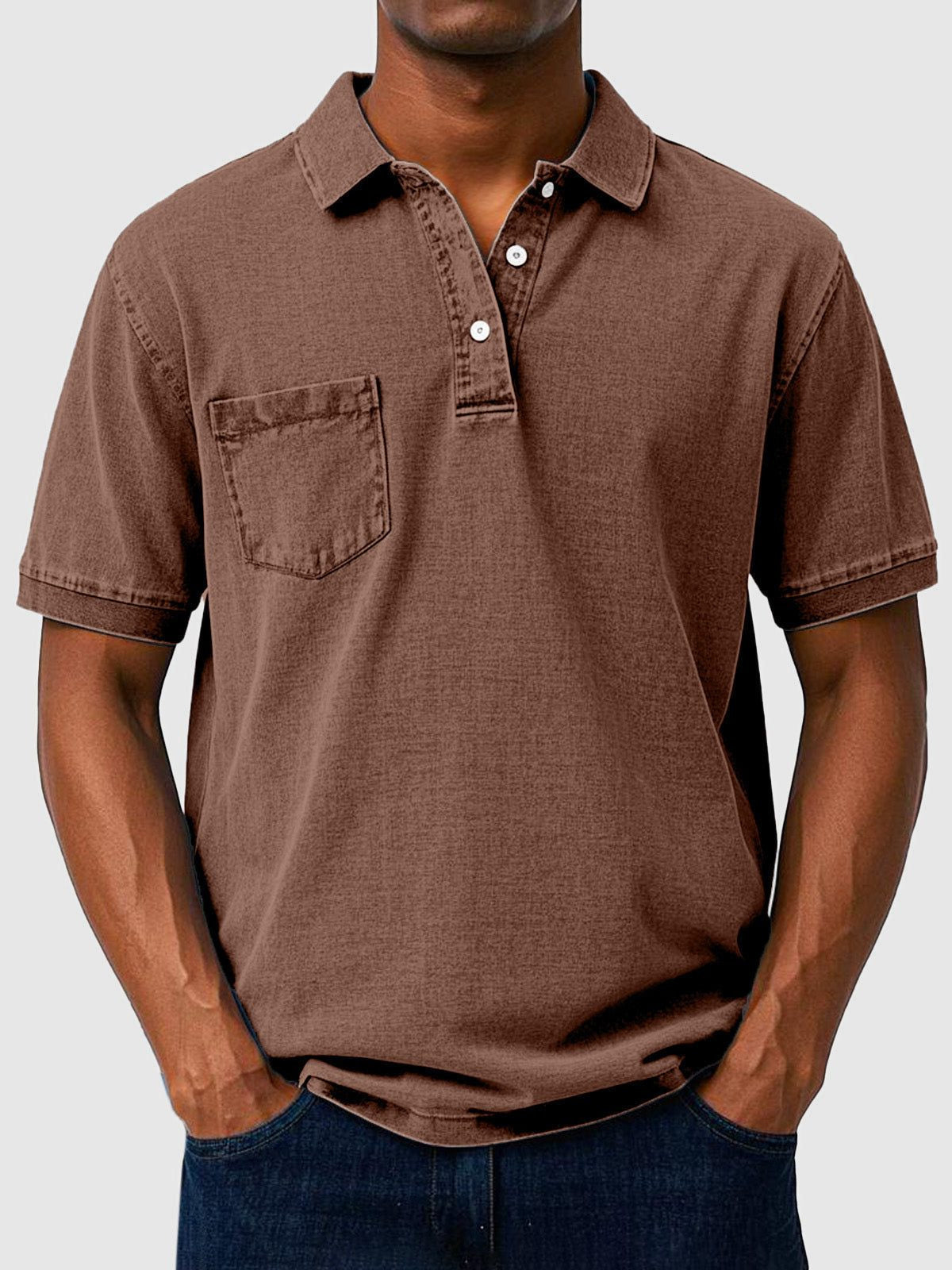 Men's Polo Shirts Cotton-Denim Blend, Short Sleeves with Chest Pocket