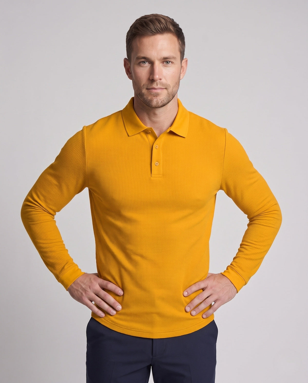 Men's Polo Shirts Textured Jersey, Long Sleeve Slim Fit